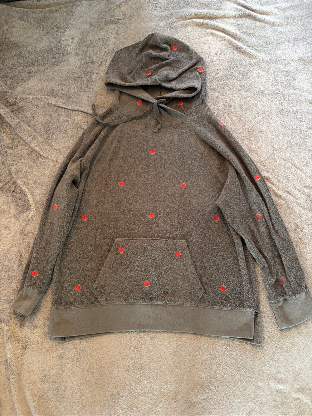 PINK Victoria's Secret Gray Pullover Hoodie with Red Rose Embroidered Details
